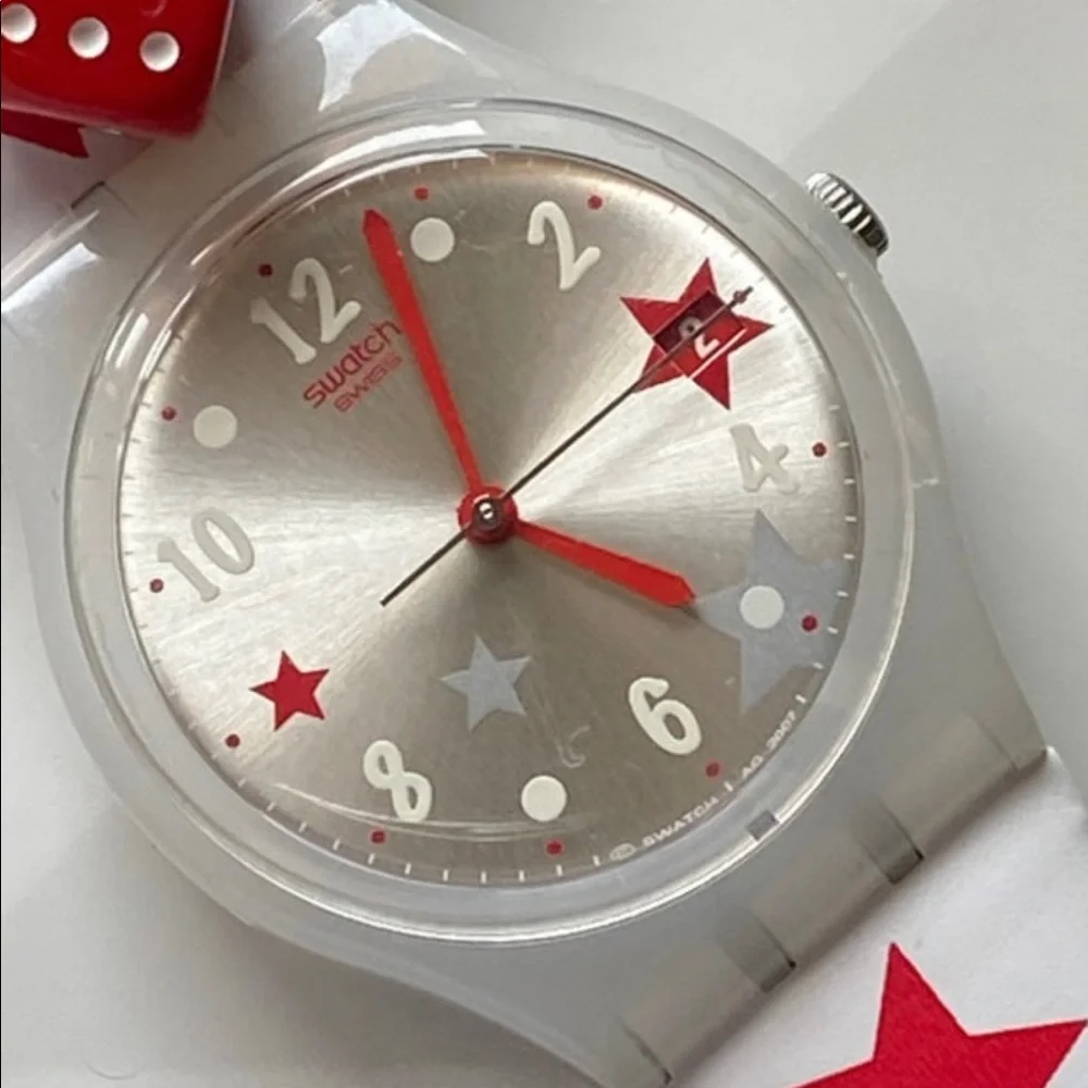 SWATCH WATCH Star Feelings Mini Dice Leather Band Red White Stars Stripes NEW - Picture 2 of 4